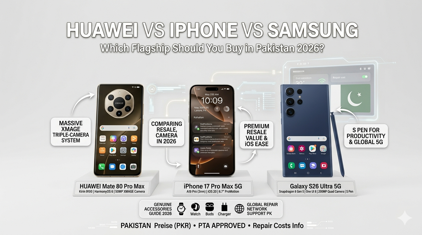 Which Flagship Phone to Buy Pakistan 2026 — Huawei vs iPhone vs Samsung 1 Which Flagship Phone to Buy Pakistan 2026 — Huawei vs iPhone vs Samsung